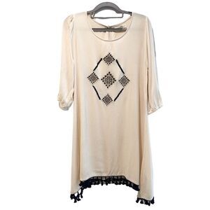 Umgee Eggshell White Long Sleeve Midi Dress with Navy Embellishments Size Medium